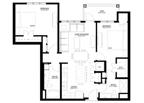Floor plan for 2 beds, 2 baths, 1091 sqft
